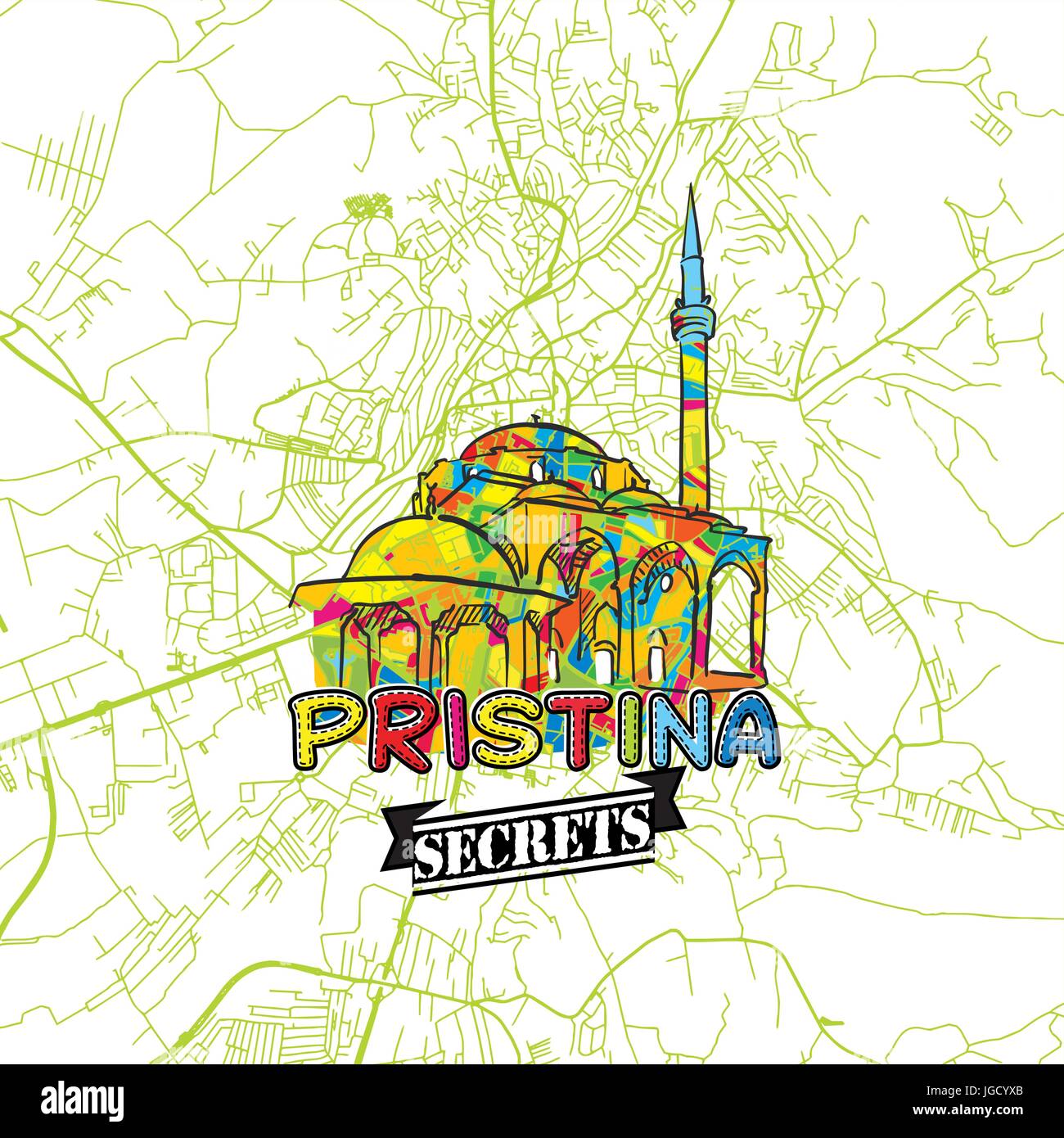 Pristina Travel Secrets Art Map for mapping experts and travel guides. Handmade city logo, typo badge and hand drawn vector image on top are grouped a Stock Vector
