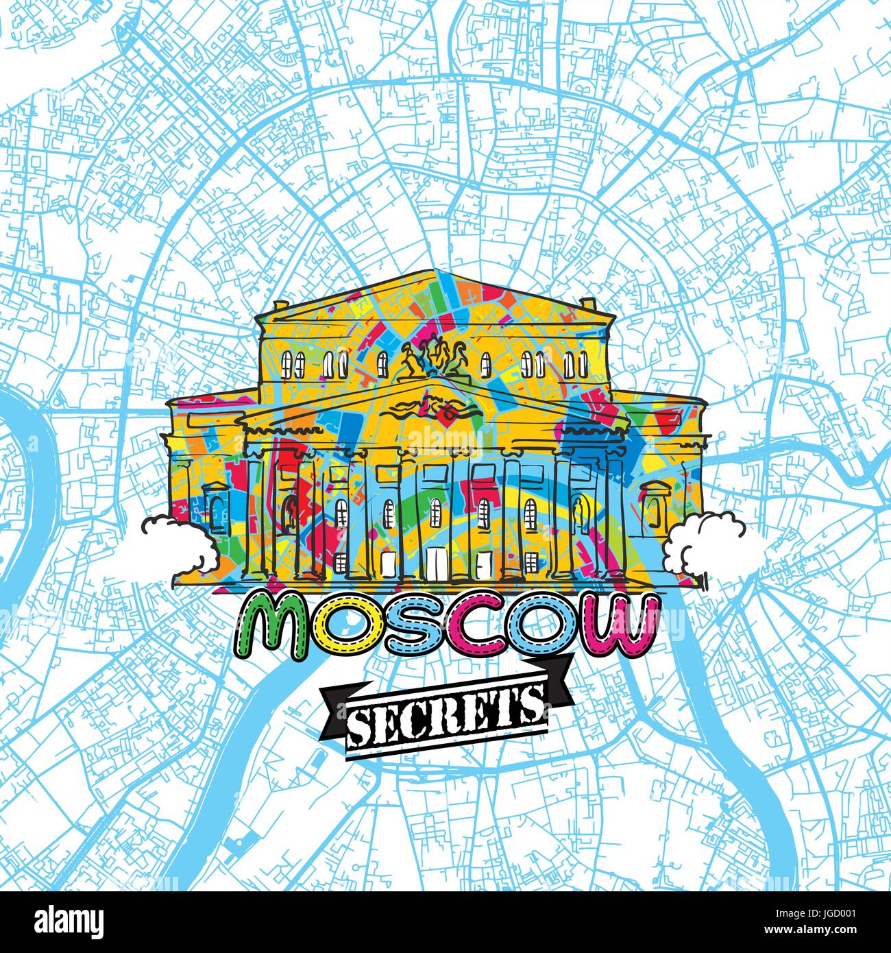 Moscow Travel Secrets Art Map for mapping experts and travel guides. Handmade city logo, typo badge and hand drawn vector image on top are grouped and Stock Vector