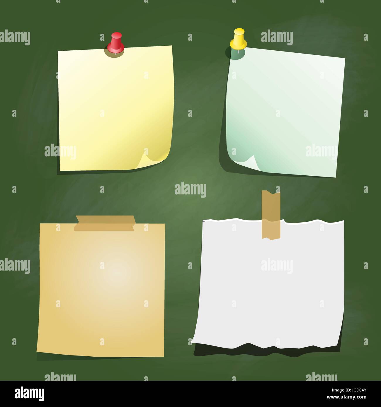 Set of Color paper sticky for notes, with clip and pin elements, on greenboard background - vector illustration Stock Vector