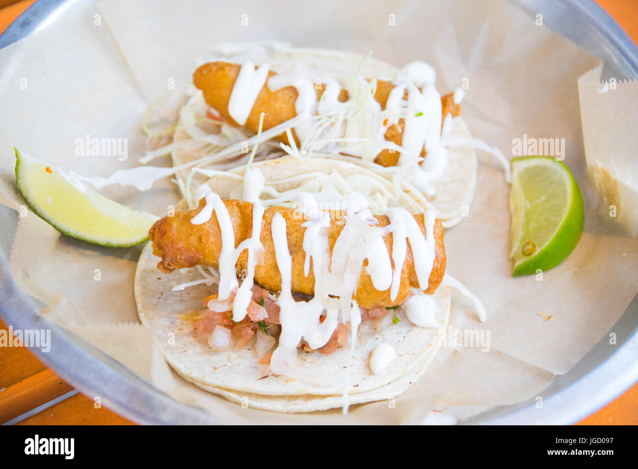 Fish Tacos, at Dorado Tacos, Union Square, Manhattan, New York City Stock Photo