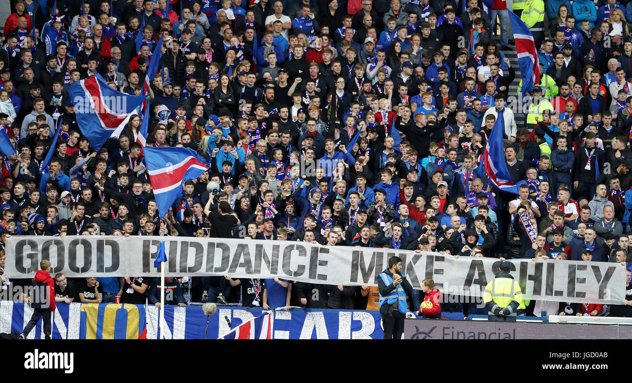 Rangers Fans Display A Banner In The Stands Aimed At Former Club