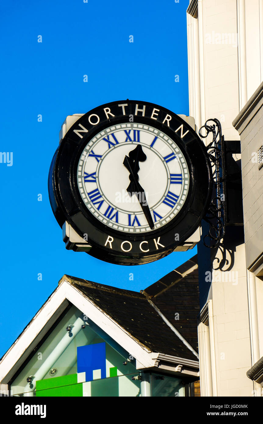 Large Northern Rock clock outside a branch of Virgin Money in Newcastle upon Tyne, Tyne and Wear, England, UK. Stock Photo