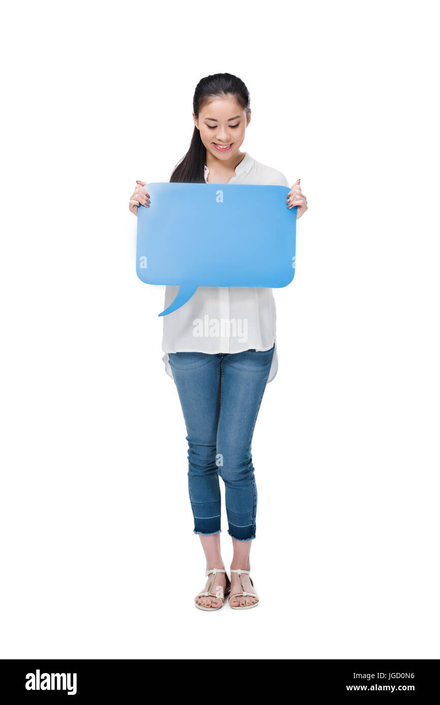 young asian woman holding blue blank speech bubble isolated on white ...