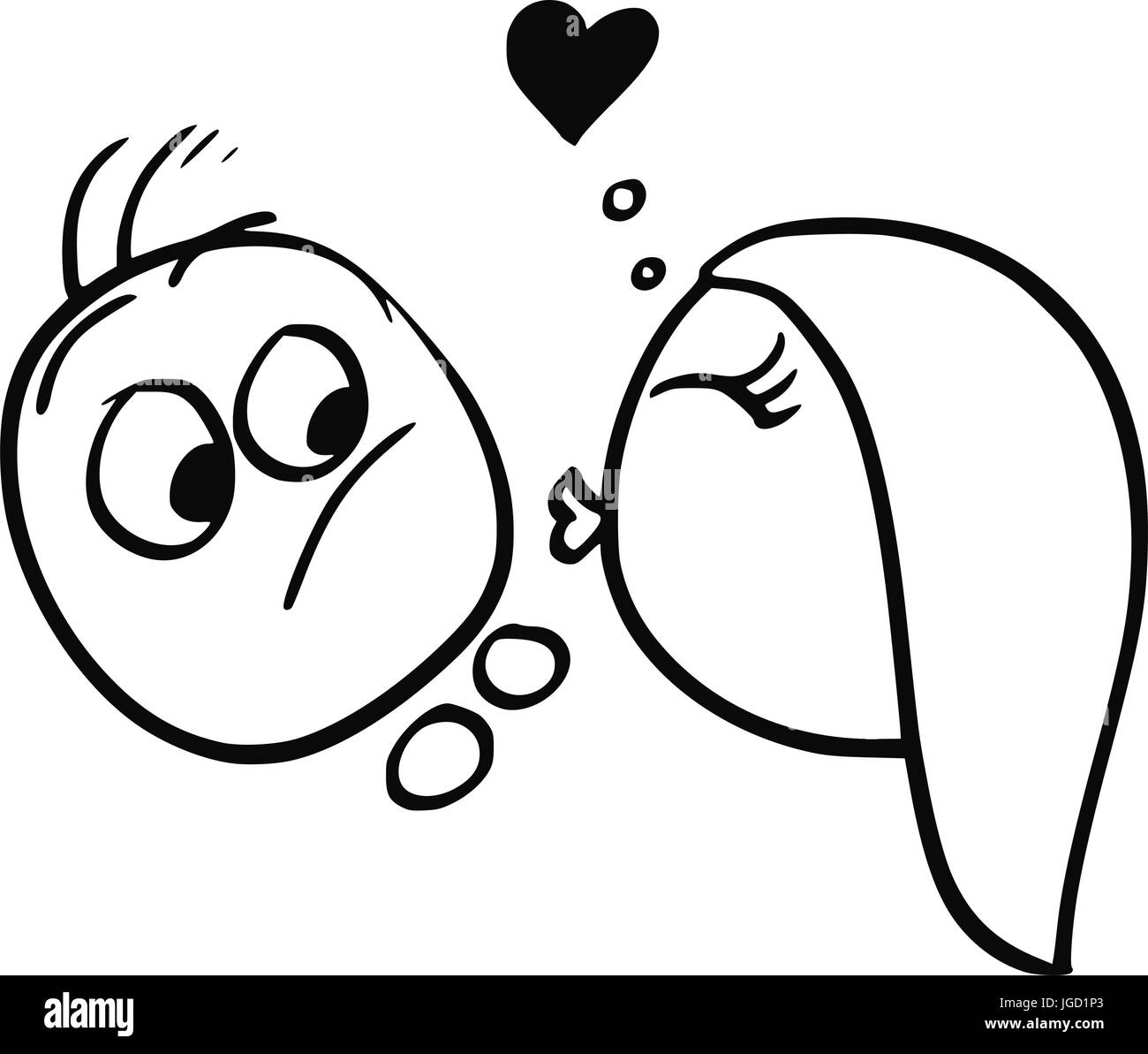 Cartoon vector of  man resisting the kiss from woman in love with heart symbol above Stock Vector