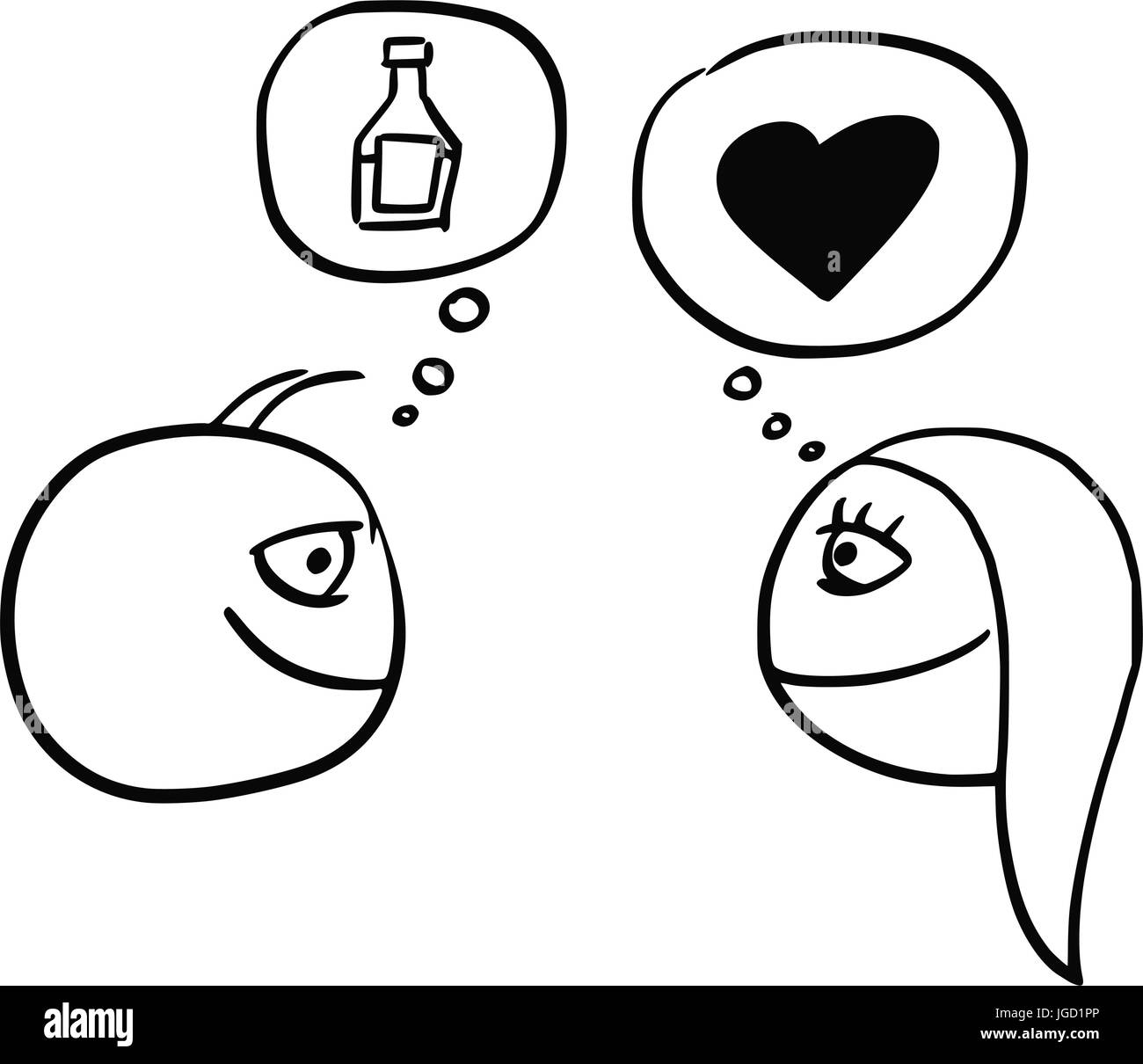 Cartoon vector of difference between man and woman thinking about drink bottle flask and heart symbol of love and relationship Stock Vector