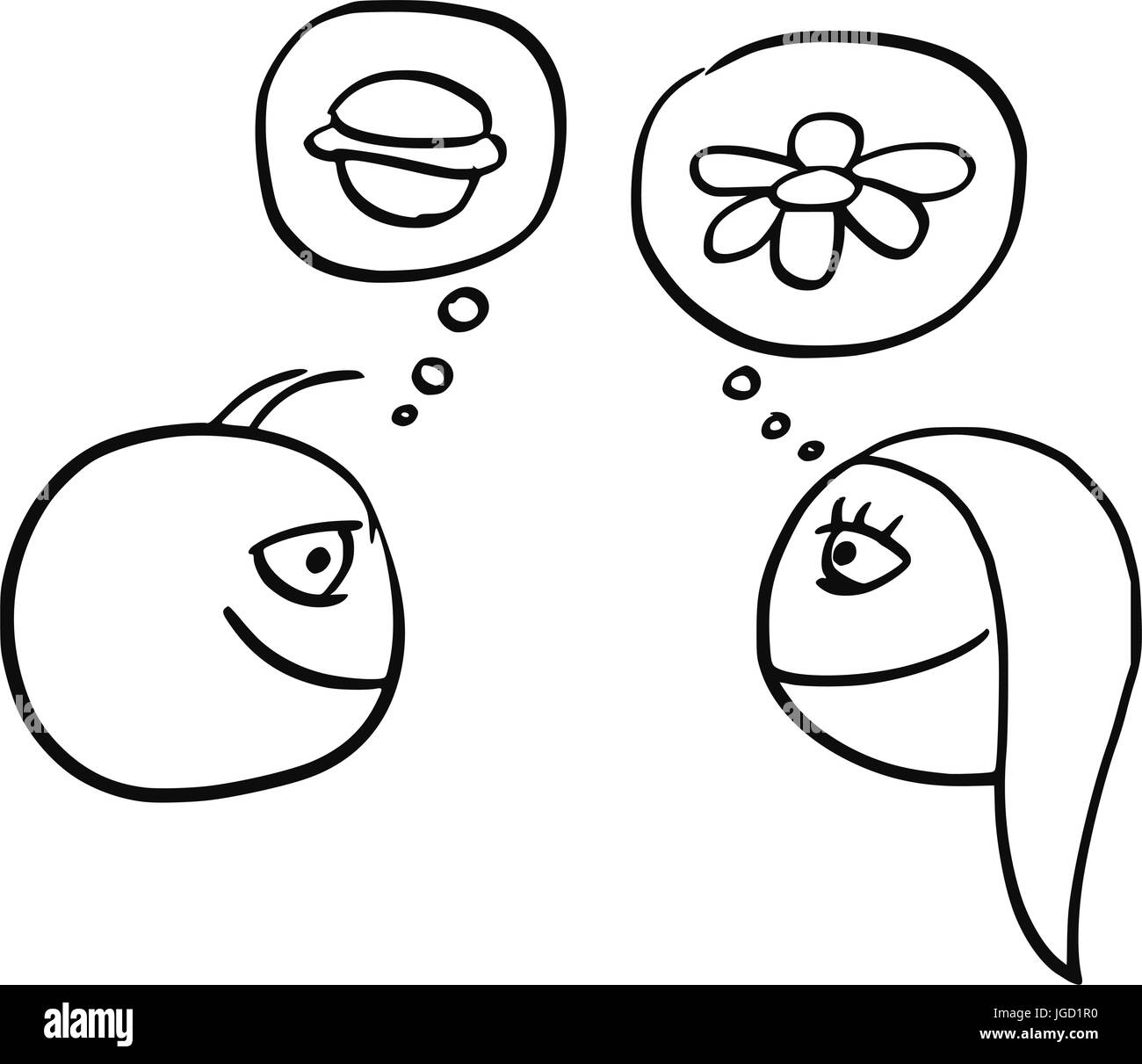 Cartoon vector of difference between man and woman thinking about hamburger burger food and daisy flower Stock Vector