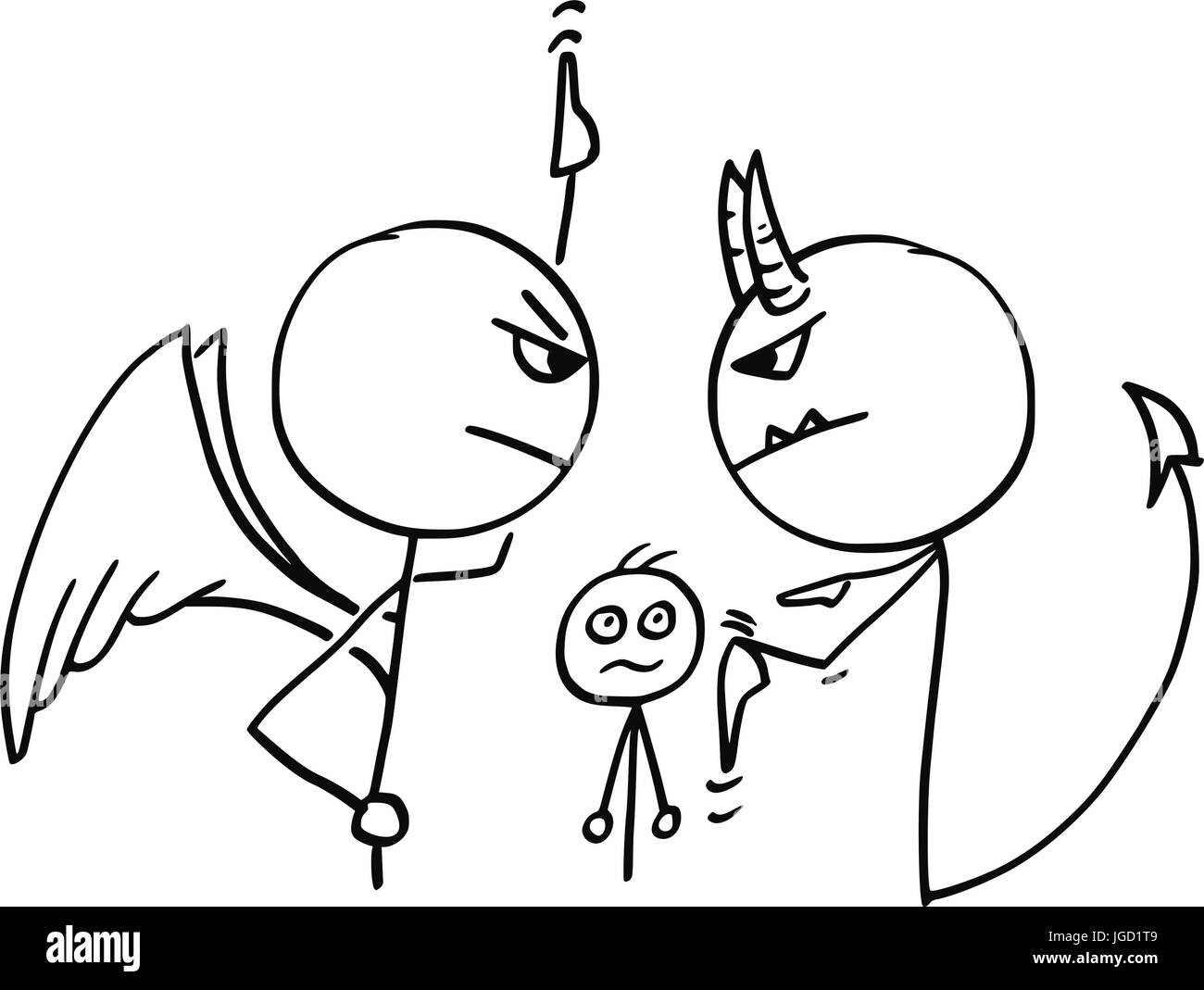 Cartoon vector of angel and devil fighting arguing disputing about the man in background and pointing up and down at heaven and hell Stock Vector