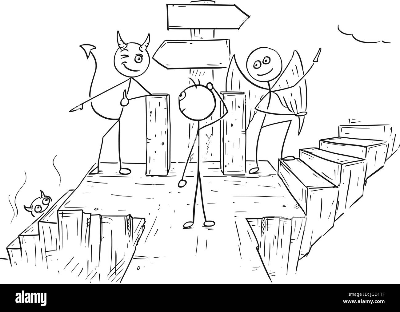 Cartoon vector of angel and devil standing on crossroad with two empty arrow signs and showing a man two ways to decide between hell and heaven Stock Vector
