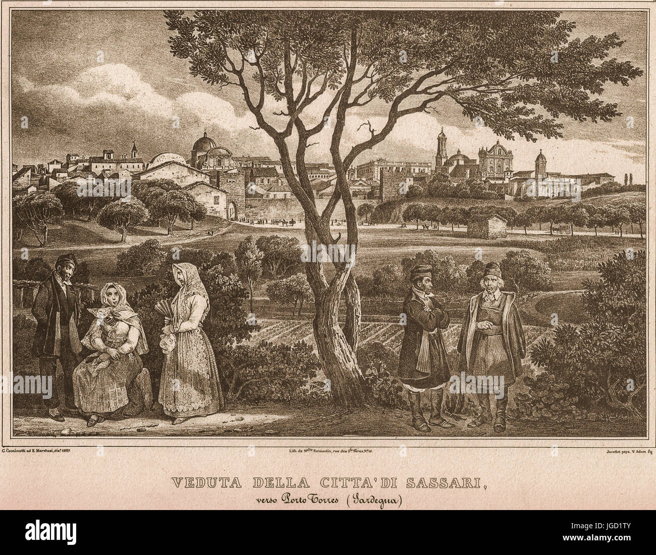Italy Sardinia View of Sassari in a ancient print of First XIX Century Stock Photo