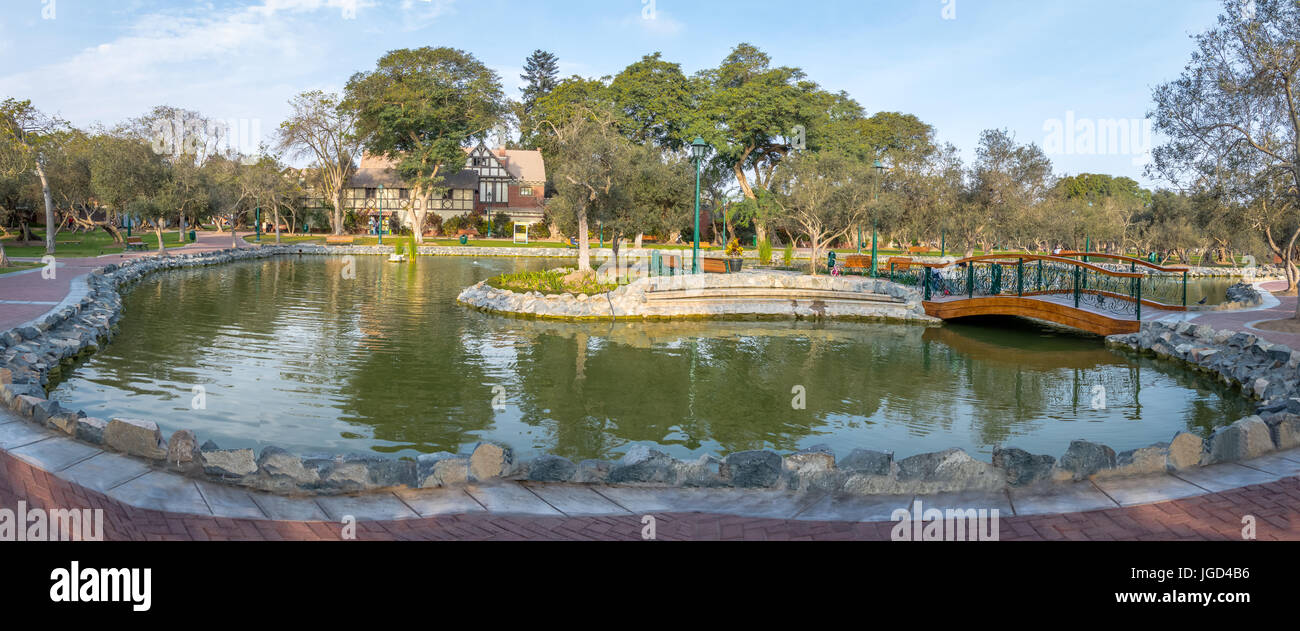 Panoramic view of Olive Grove Park (or El Olivar Forest) in San Isidro district - Lima, Peru Stock Photo