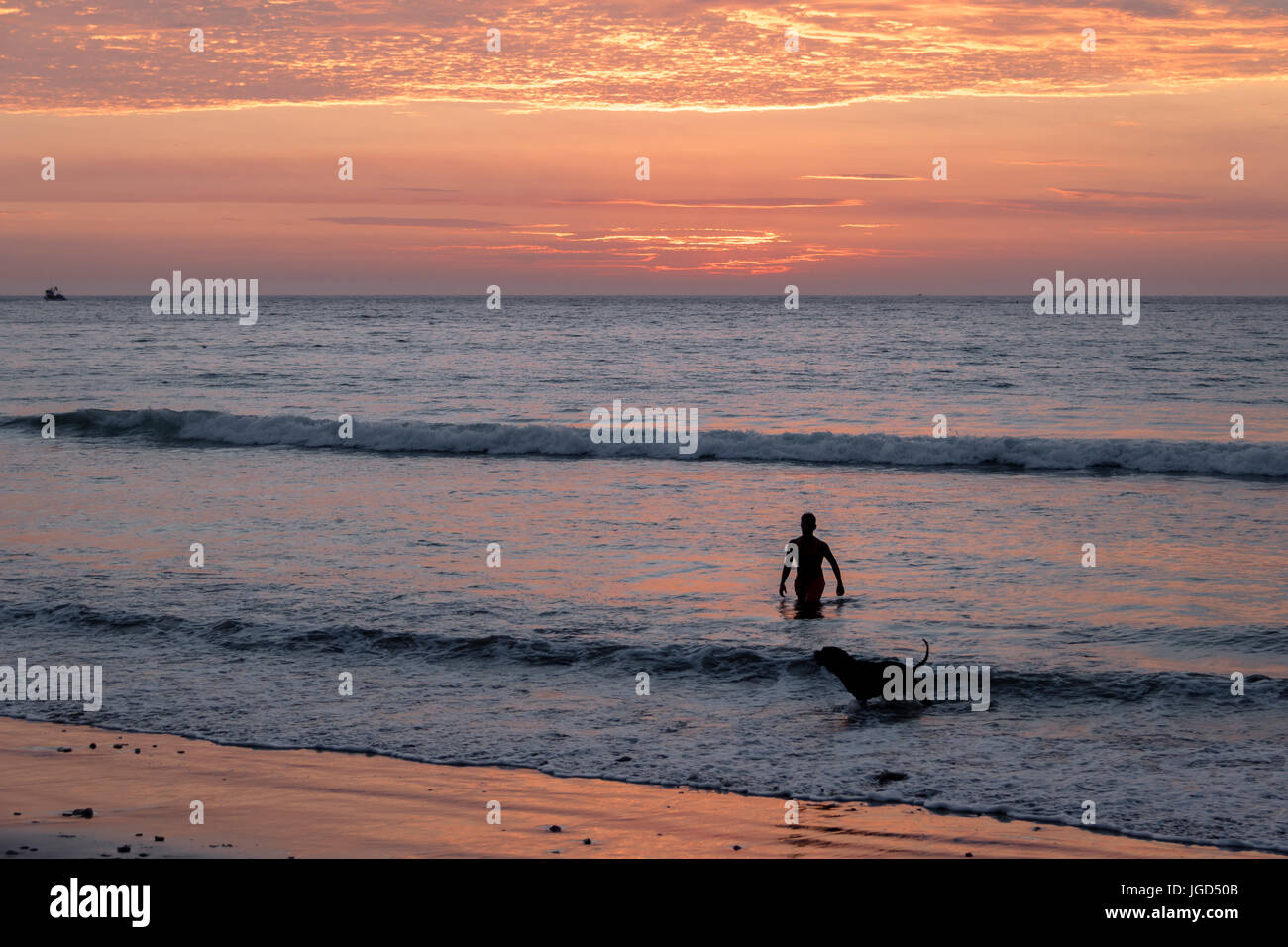 Man and dog silhouette at Beautiful sunset in Mancora Beach - Mancora, Peru Stock Photo