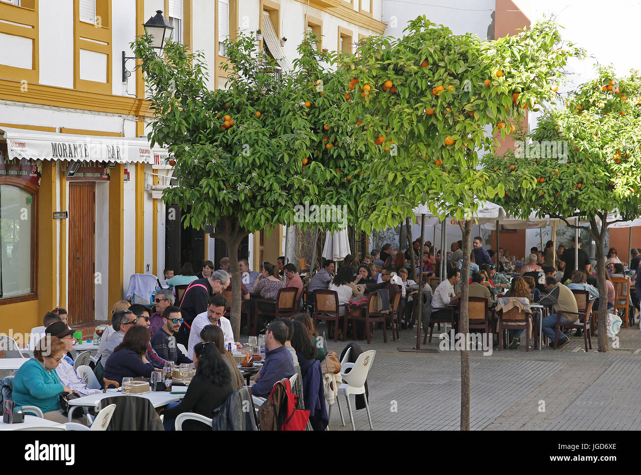 Cadiz restaurant and side walk cafe near the central market.Andalucia spain Stock Photo