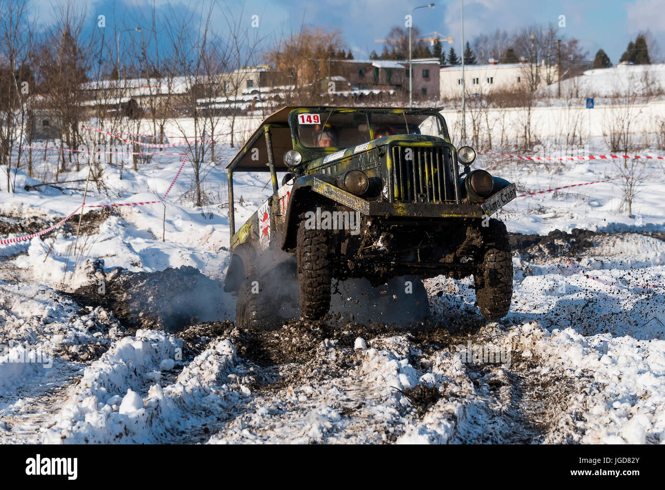 Lviv, Ukraine - December 04, 2016: Off-road vehicle brand GAZ -69 overcomes the track on a amateur competitions Trial near the city Lviv, Ukraine Stock Photo