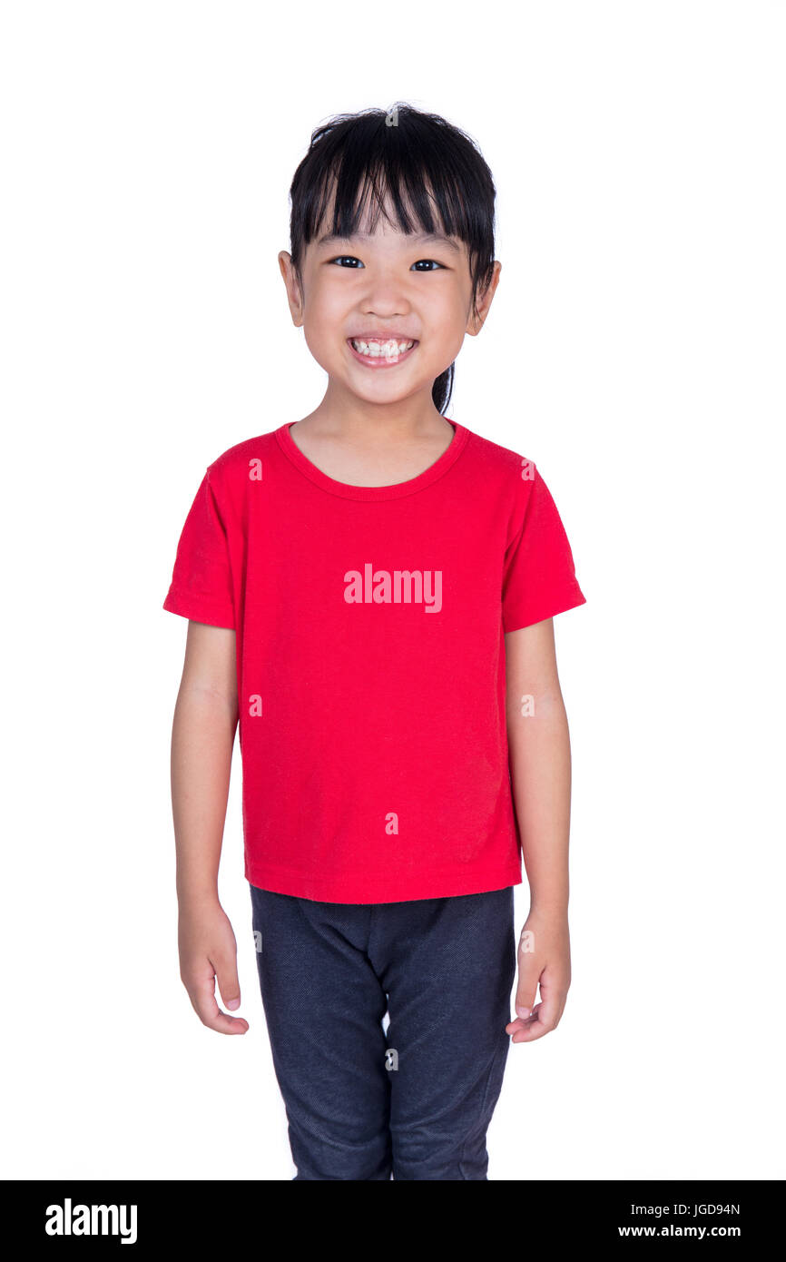 Asian Chinese Little Girl Wearing T Shirt And Smiling In Isolated