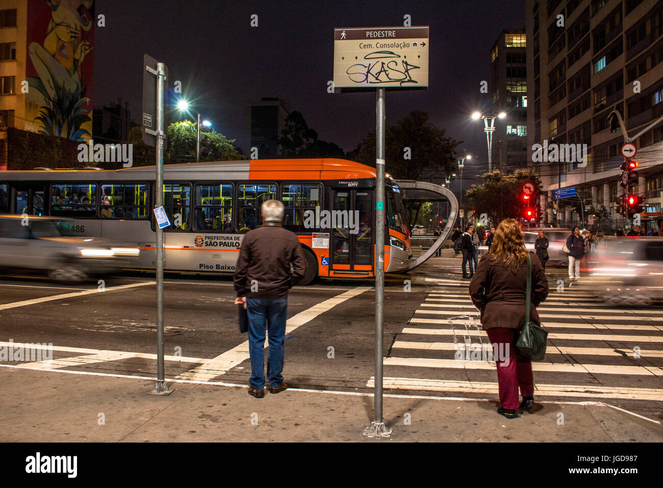 Pedestrian crossing, Bus Stop Paulista, Rua da Consolação, 2016 Avenida Paulista, São Paulo, Brazil. Stock Photo