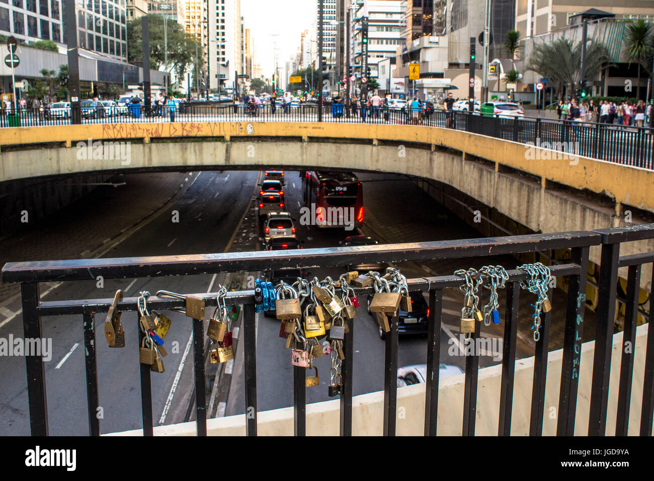 Chains, padlocks, grid, Cyclist Square, 17.09.2015, Capital Avenue Paulista, São Paulo, Brazil. Stock Photo