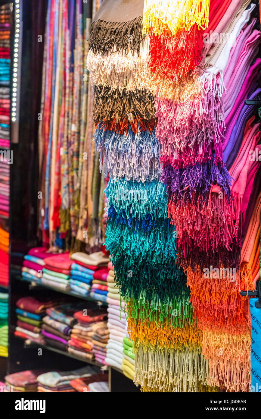 Selection of colorful women scarves at a market Stock Photo