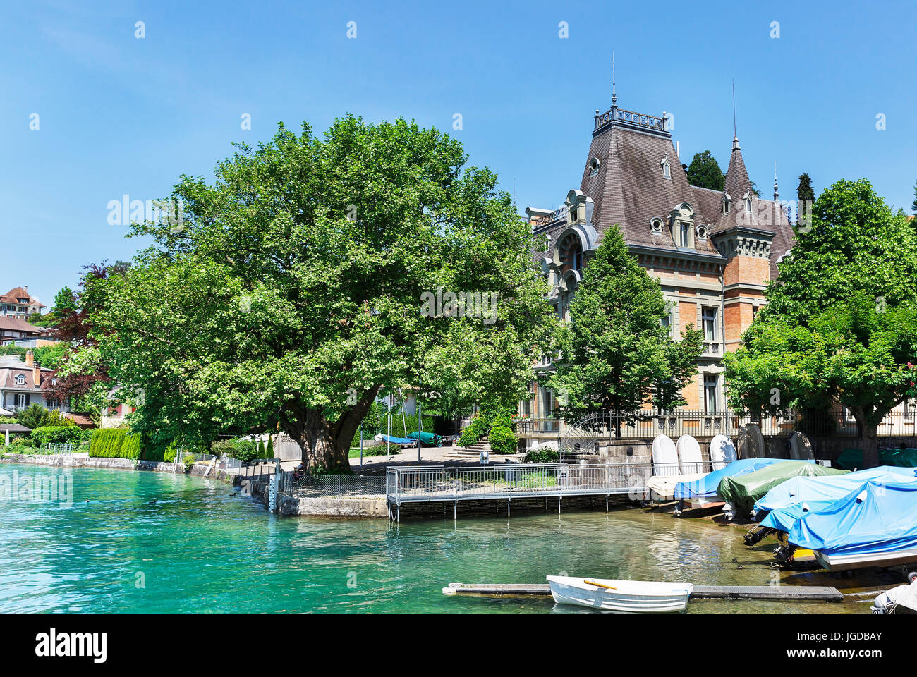 Castle on Lake Thun in Switzerland Stock Photo