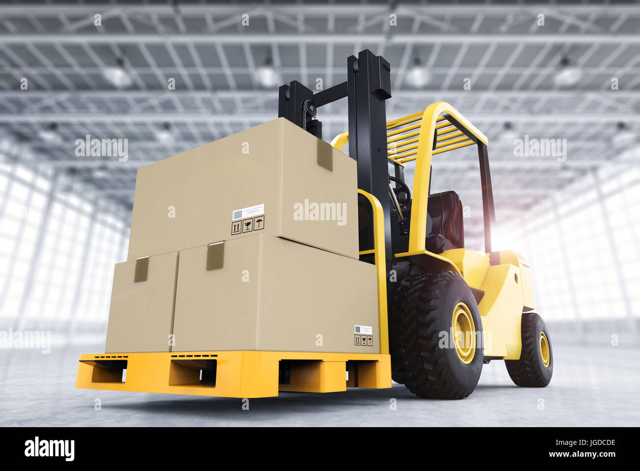 3d rendering forklift truck with cardboard boxes in factory Stock Photo ...