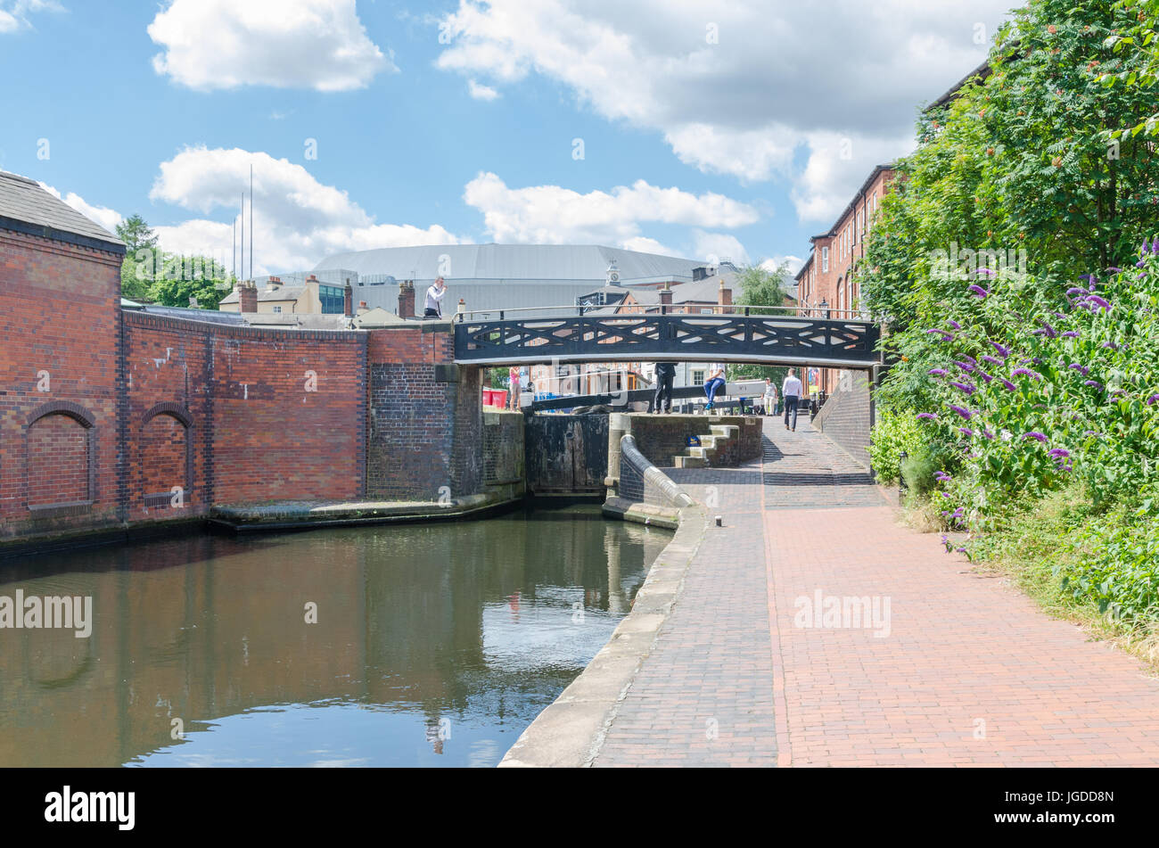 Towpath on the canal running through Birmingham at Brindley Place Stock Photo