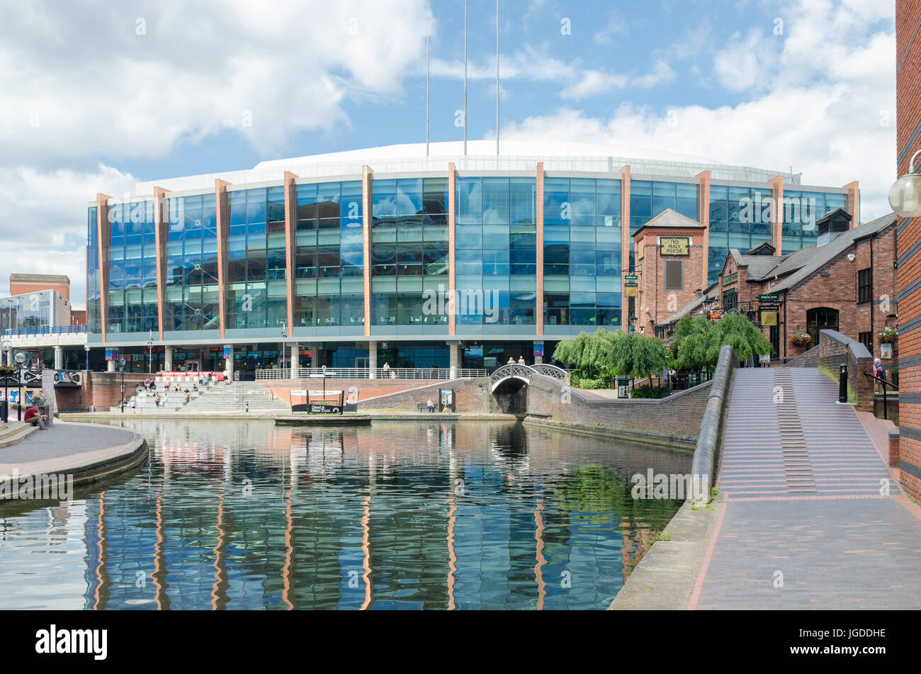 The Barclaycard Arena by the canal running through Birmingham at Brindley Place Stock Photo