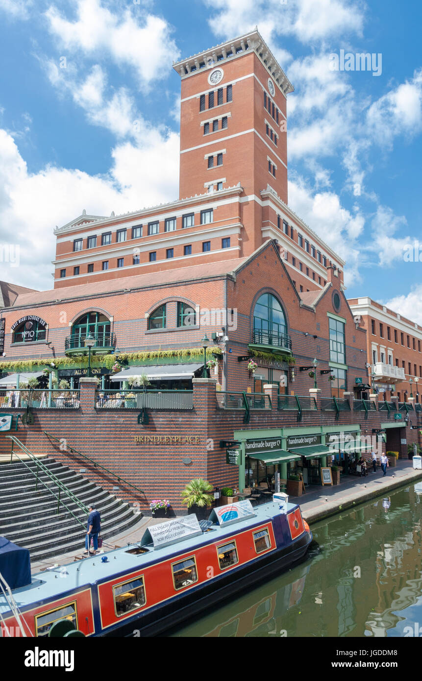 Narrowboats on the canal running through Birmingham at Brindley Place Stock Photo