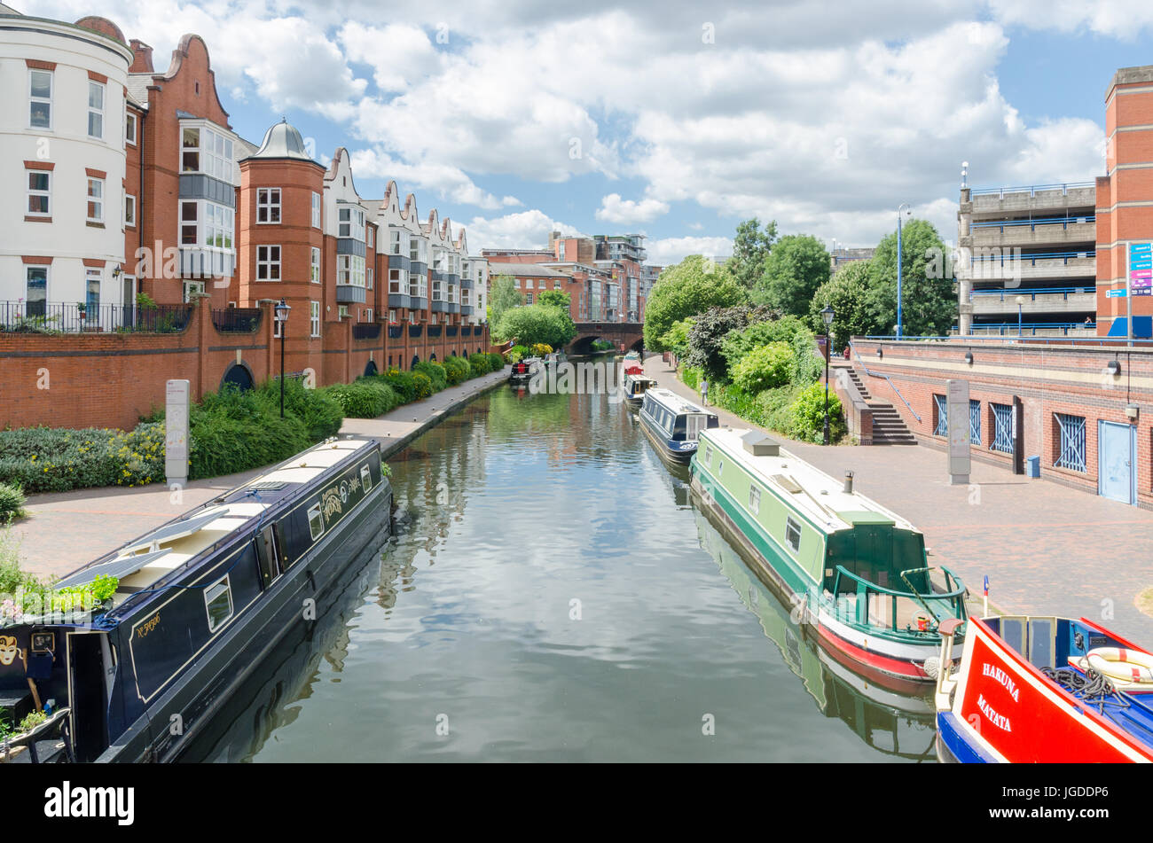 Narrowboats on the canal running through Birmingham at Brindley Place Stock Photo
