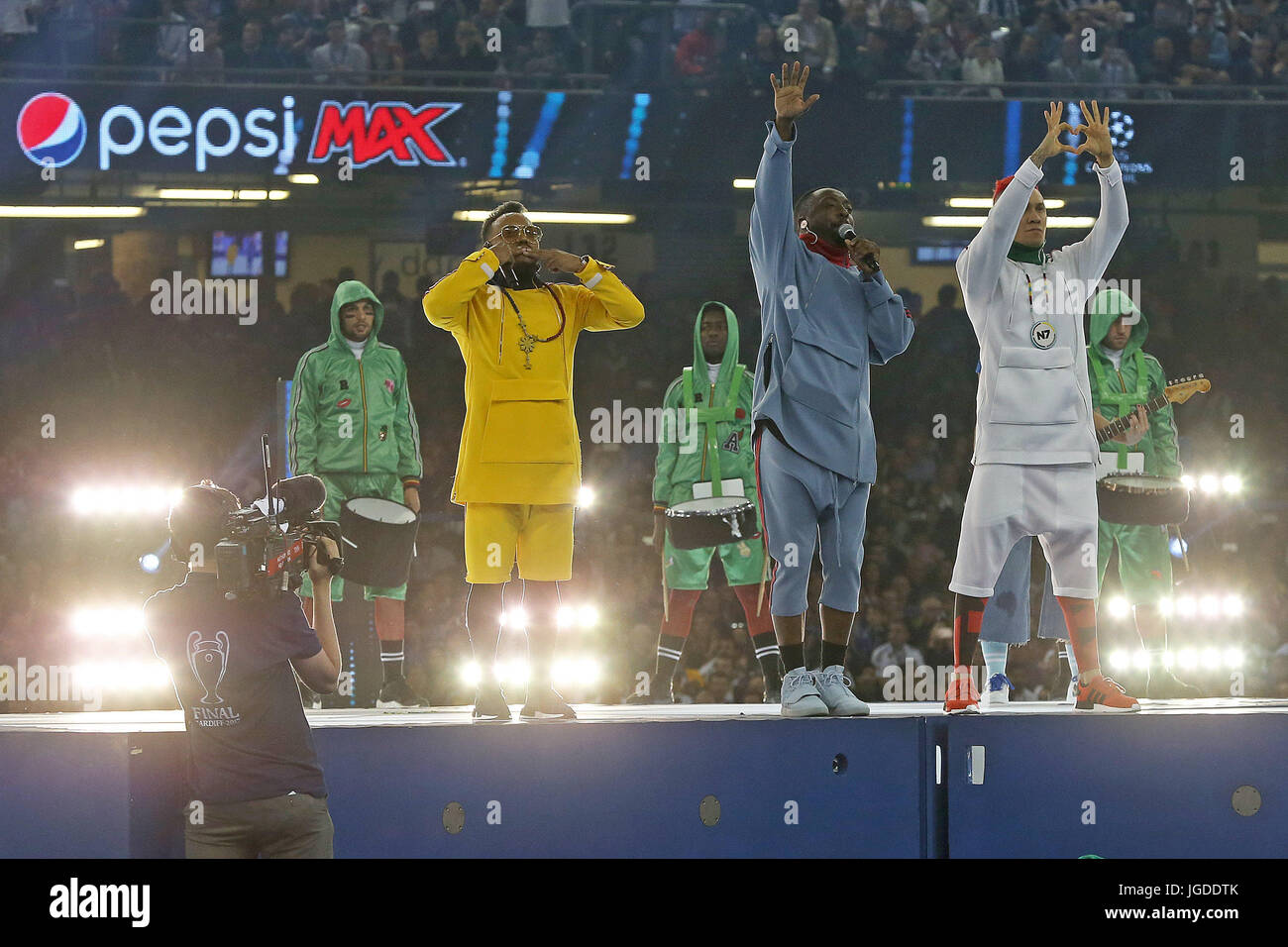 The Black Eyed Peas perform as part of the opening ceremony of the UEFA Champions League final at the Millennium Stadium in Cardiff, Wales.  Featuring: The Black Eyed Peas, will.i.am, Taboo, apl.de.ap Where: Cardiff, Wales, United Kingdom When: 03 Jun 2017 Credit: WENN.com Stock Photo