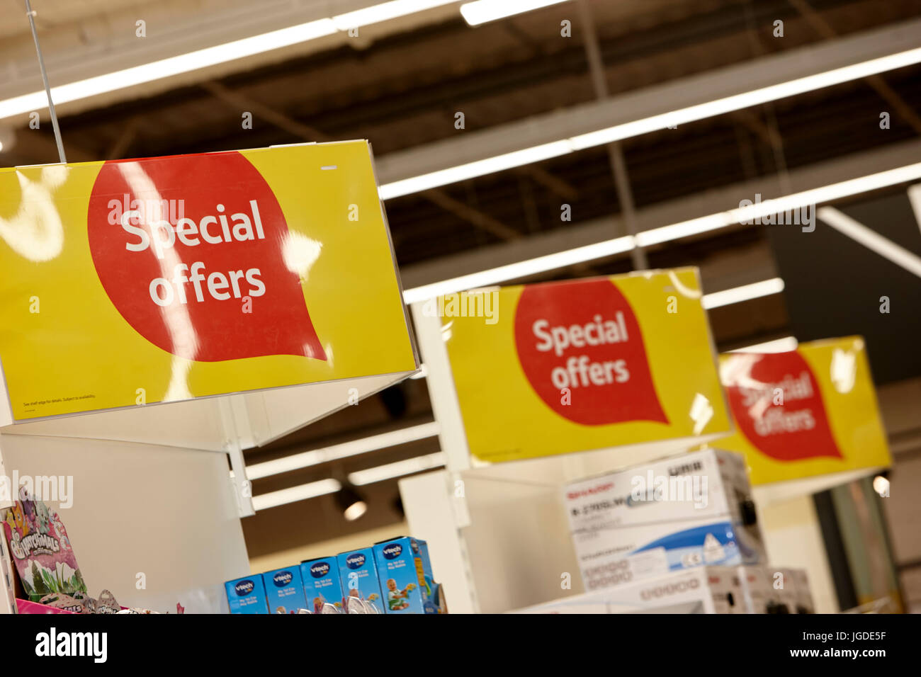 end of aisle special offers in a tesco supermarket Stock Photo