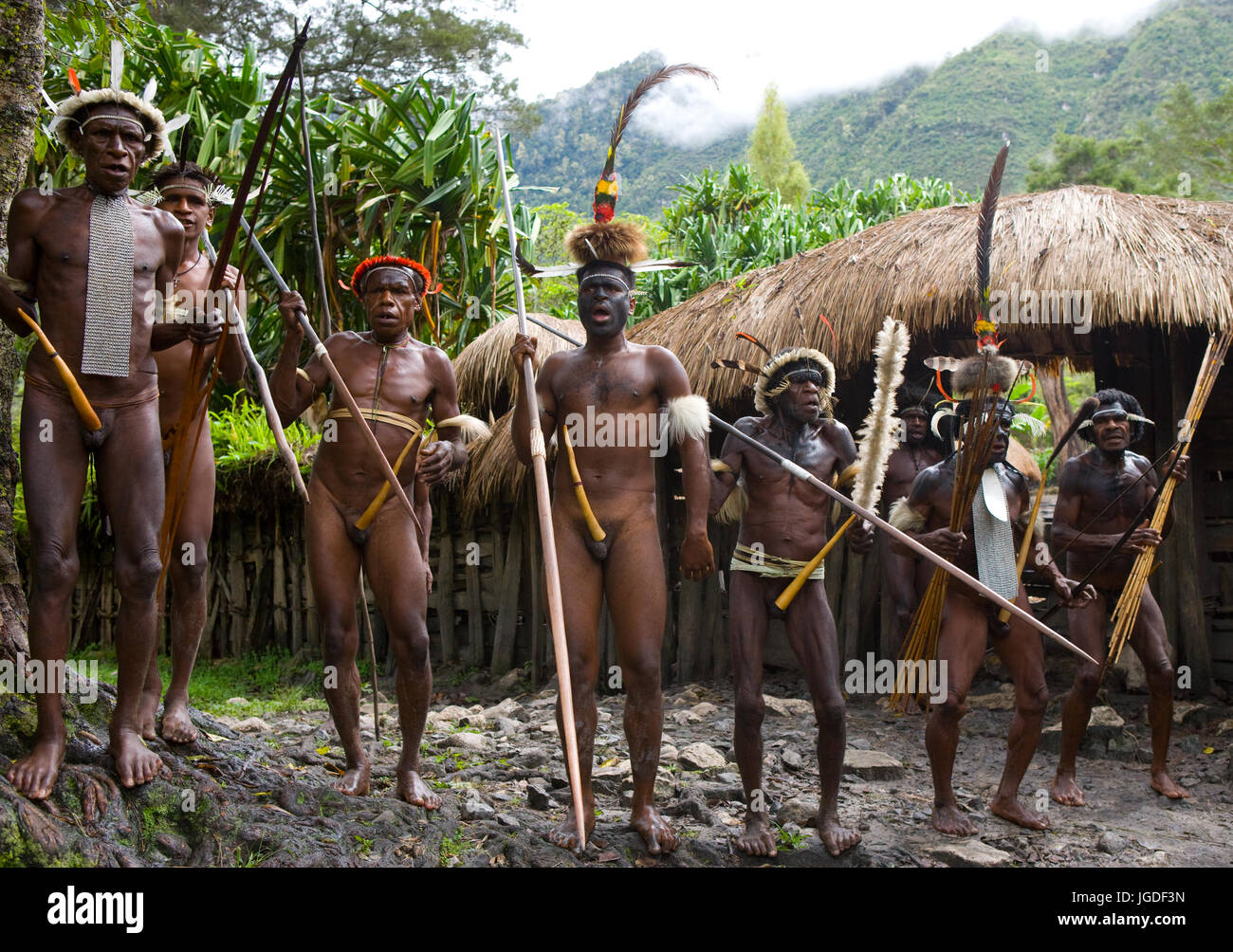 DANI VILLAGE, WAMENA, IRIAN JAYA, NEW GUINEA, INDONESIA – 25 JULY 2009: Dani tribe Warriors. July 2009, 2012 The Baliem Valley, Indonesian, New Guinea Stock Photo