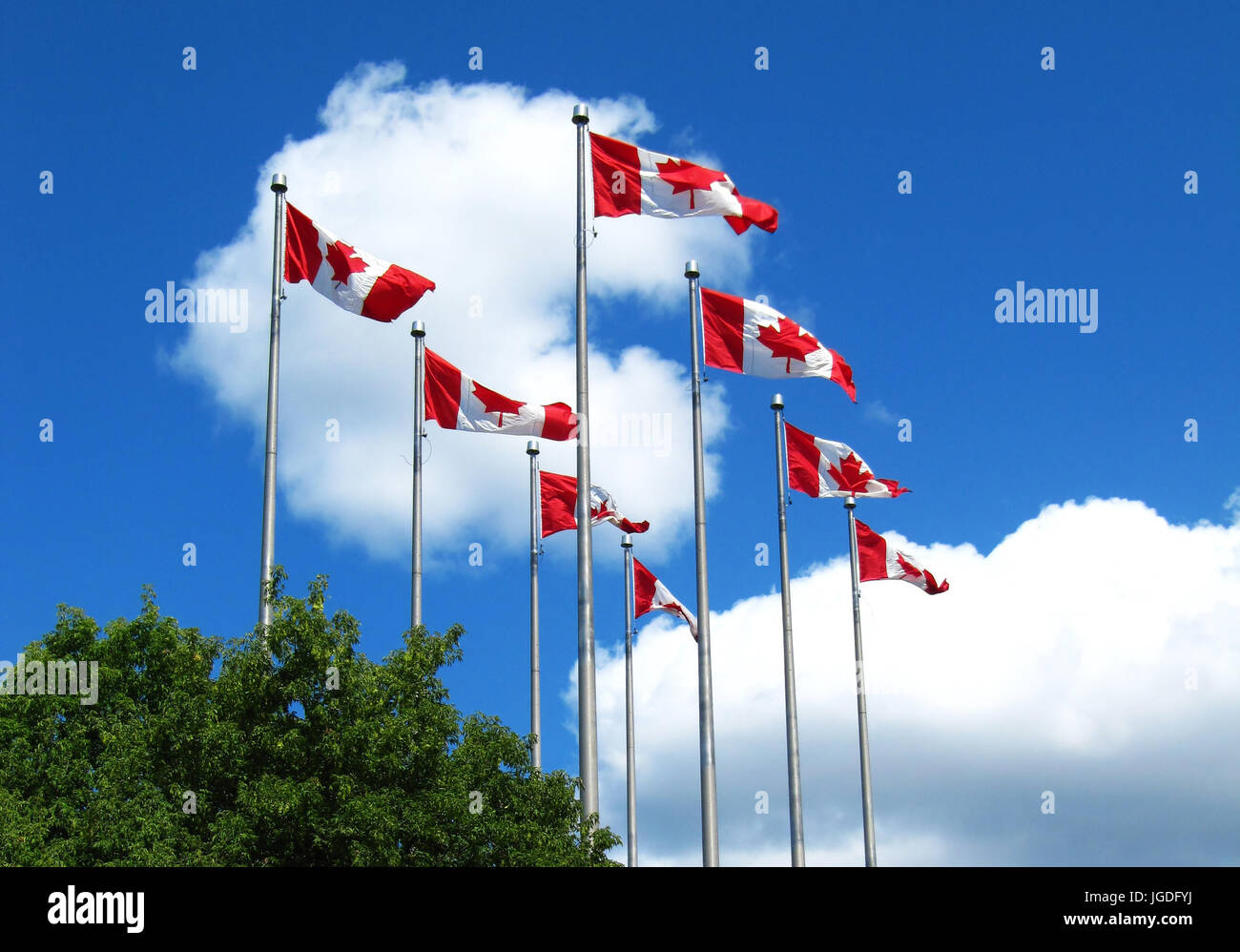 Canadian flags and white clouds in the sky Stock Photo