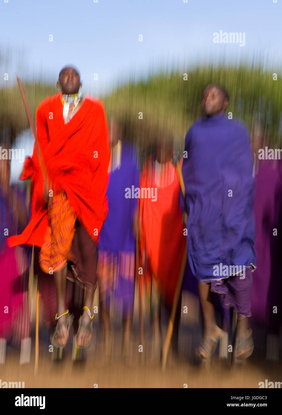 KENYA, MASAI MARA - JULY 19, 2011: The man of a tribe Masai shows ritual jumps. Stock Photo