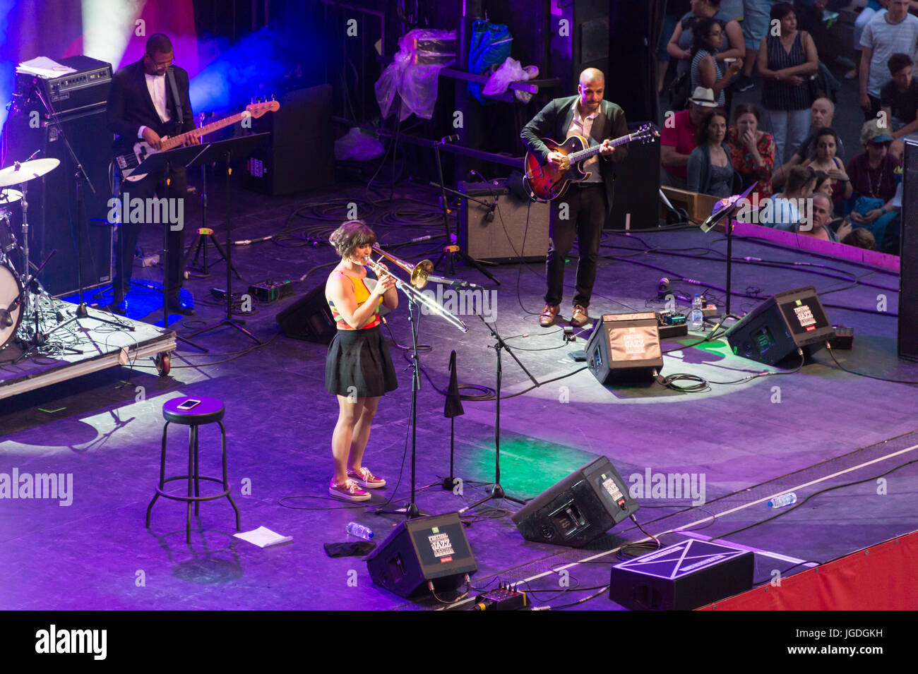 Montreal, 4 July 2017: Aubrey logan playing the trombone at Montreal Jazz Festival Stock Photo