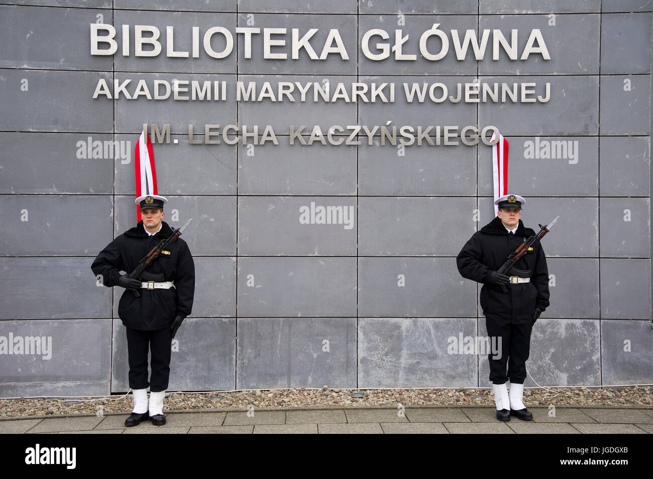 Inscription with Polish president Lech Kaczynski name given to Polish Naval Academy main library in Gdynia in occasion of 10th anniversary of Lech Kac Stock Photo