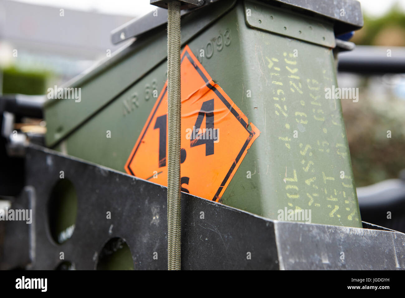 ammunition bullet box for general purpose machine gun weapon mounted on a british army vehicle uk Stock Photo