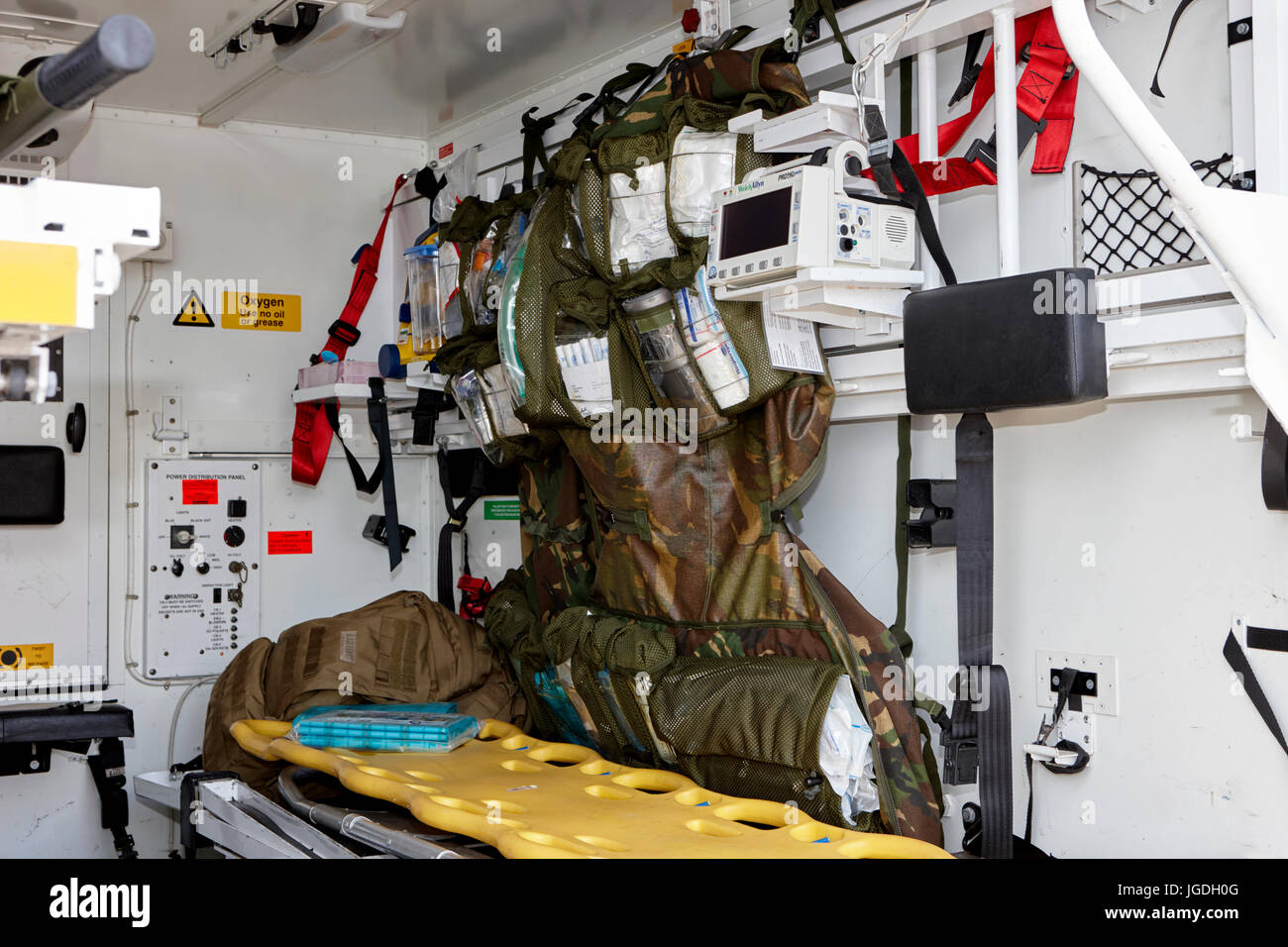emergency equipment in the back of a british army emergency landrover ambulance uk Stock Photo