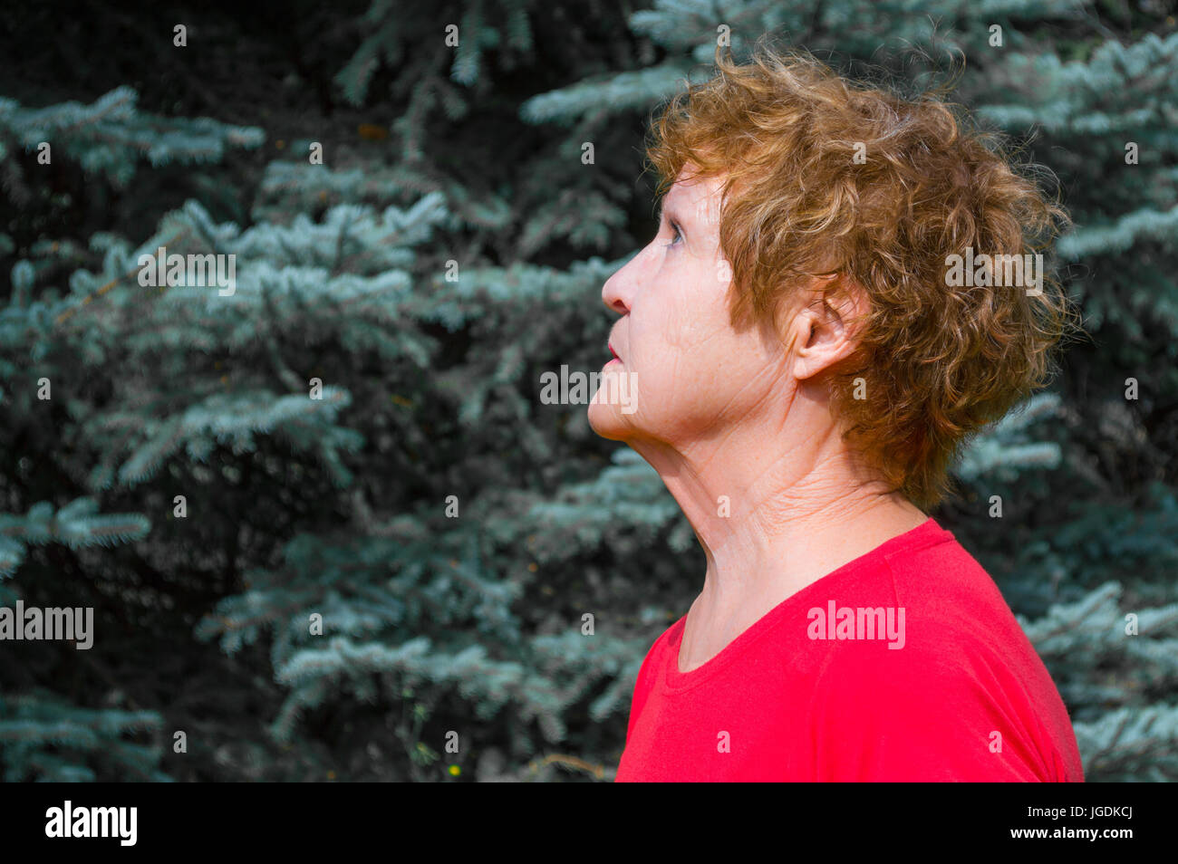 close up side view of middle aged woman looking upward Stock Photo
