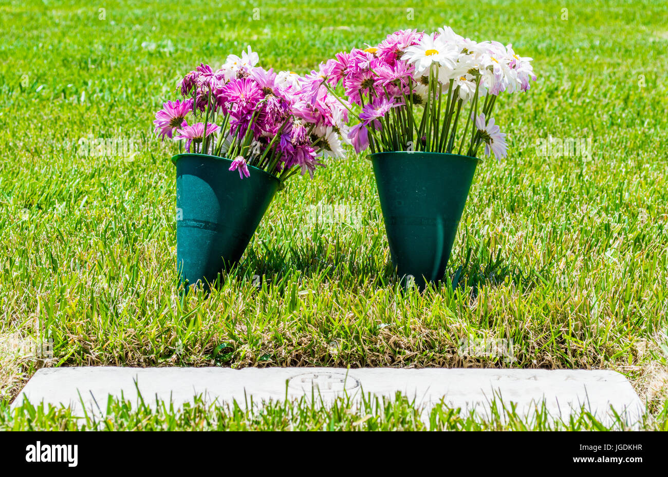 wilted flowers in vases at grave marker in military cemetery Stock