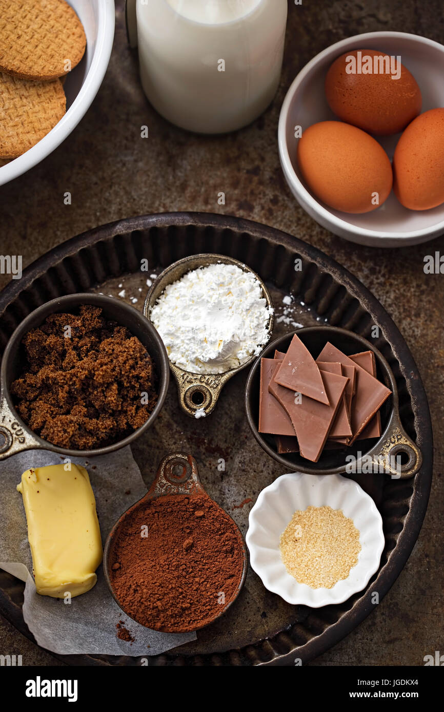 Chocolate pie baking ingredients eggs, biscuits, chocolate, corn