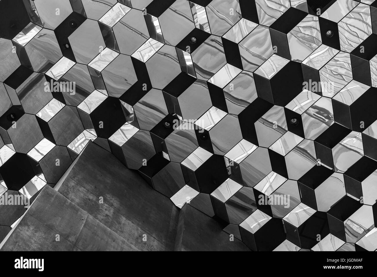 Black and white ceiling image in the Harpa Concert Hall Stock Photo