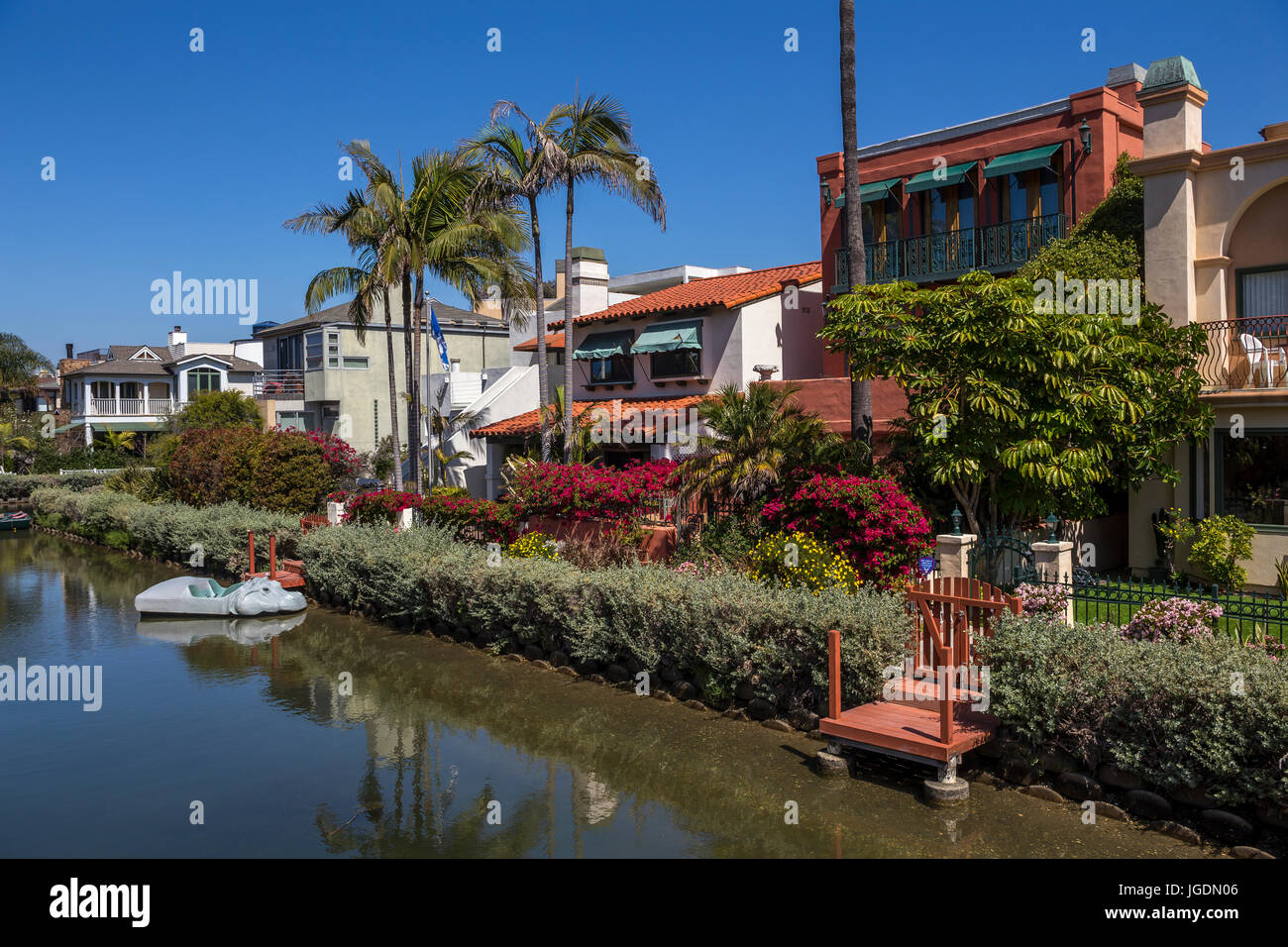 homes along canal, homes, houses, residential section, canal, Venice Canals, Venice Canal Historic District, Venice, Los Angeles, California Stock Photo