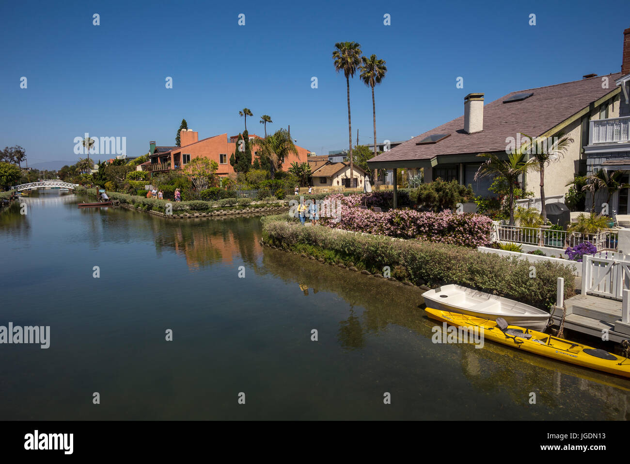 homes along canal, homes, houses, residential section, canal, Venice Canals, Venice Canal Historic District, Venice, Los Angeles, California Stock Photo