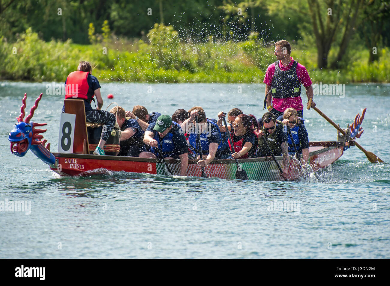 Dragon Boat racing on the rowing lake at Thorpe Meadows Peterborough Stock Photo
