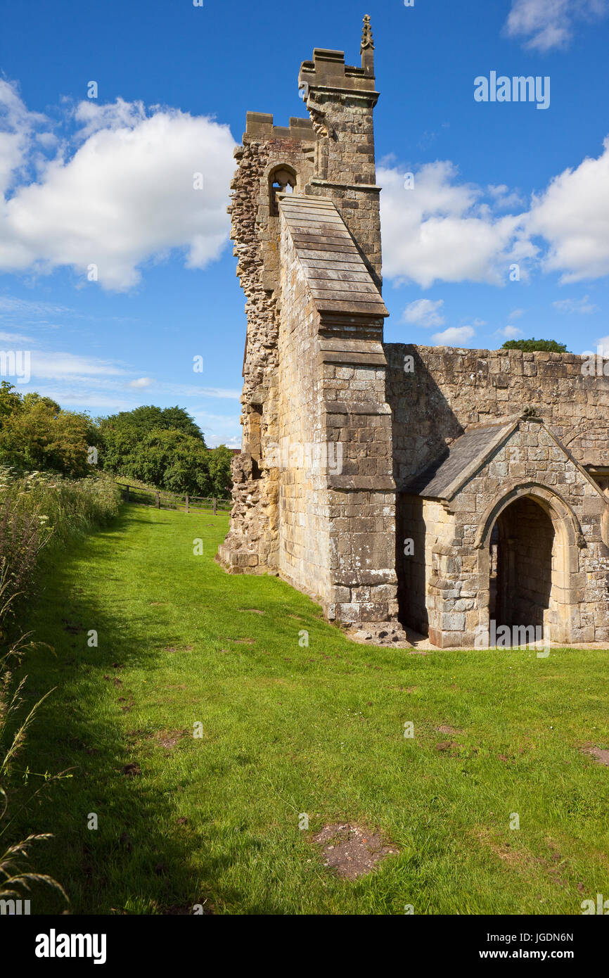 ruins of an old church in the deserted village at wharram percy in the yorkshire wolds Stock Photo