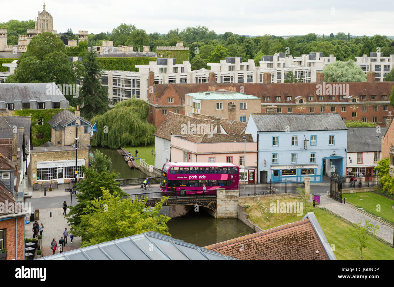 Aerial view of Park & Ride bus, cyclist on Magdalene Bridge over River Cam, The Pickerel Inn and Galleria Restaurant Cambridge. Unsharpened Stock Photo