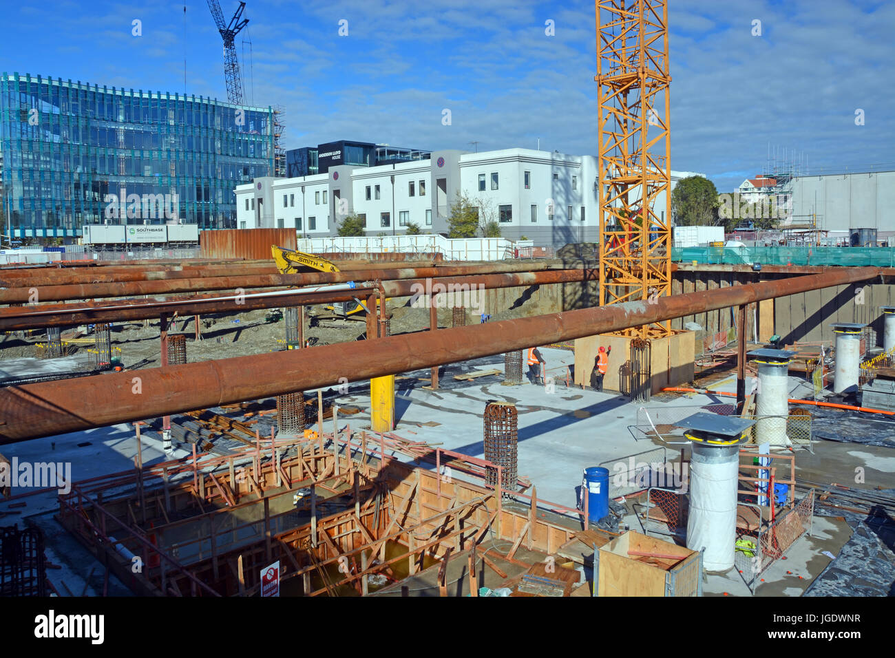 Christchurch, New Zealand - September 13, 2014: Massive earthquake proof building foundations being constructed on the corner of Cambridge Terrace and Stock Photo