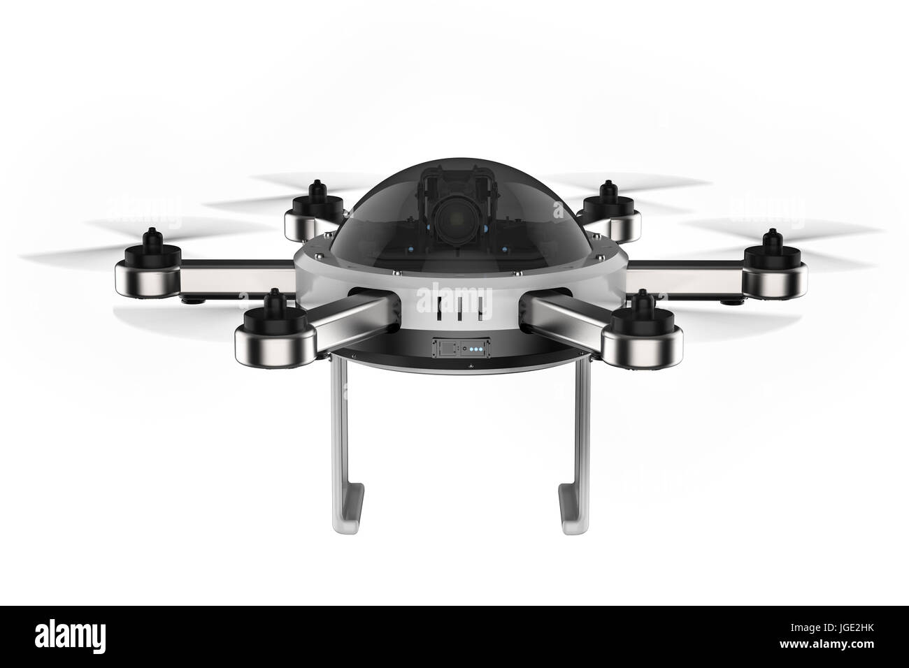 3d rendering drone camera with six blades spinning isolated on white