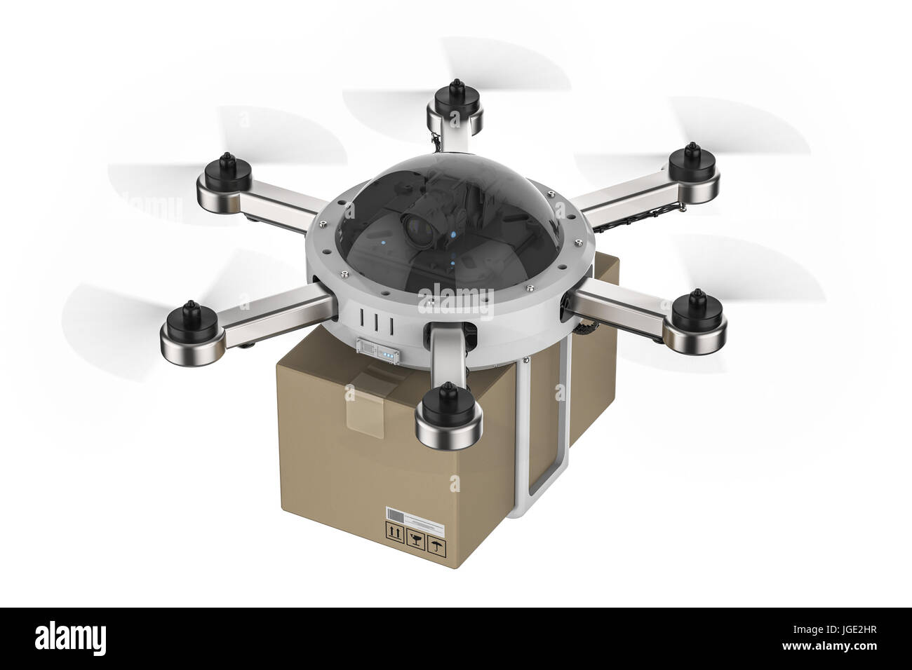 3d rendering delivery drone flying with carton boxes isolated on white ...