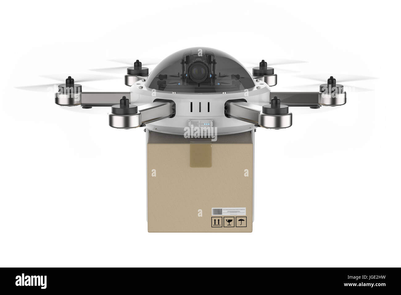 3d rendering delivery drone flying with carton boxes isolated on white ...