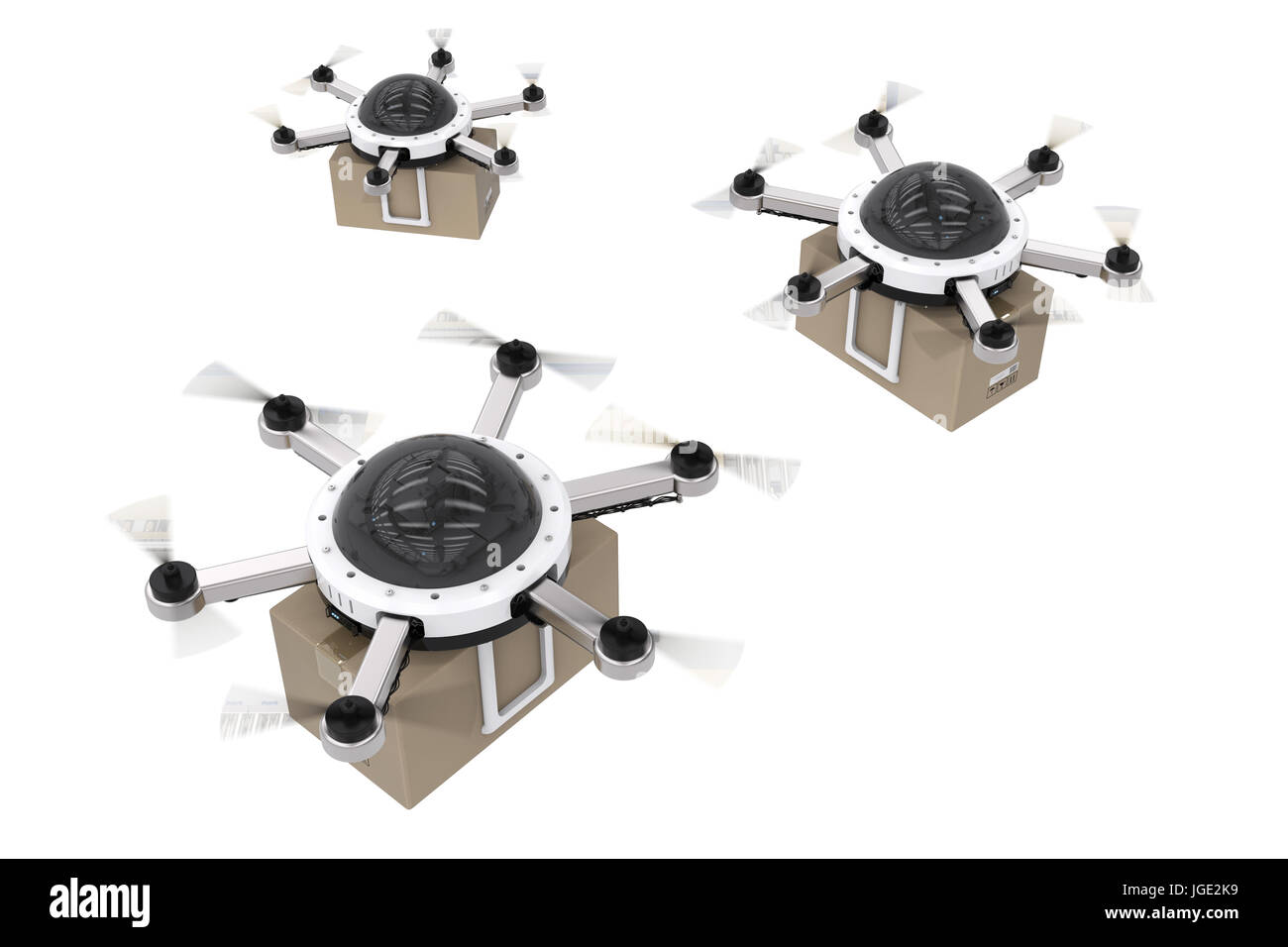 3d rendering delivery drone flying with cardboard box isolated on white ...